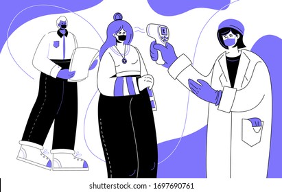 Temperature measurement - colorful flat design style illustration. Coronavirus protective measure, recommendation. A medical worker with non-contact thermometer checking the health condition of people