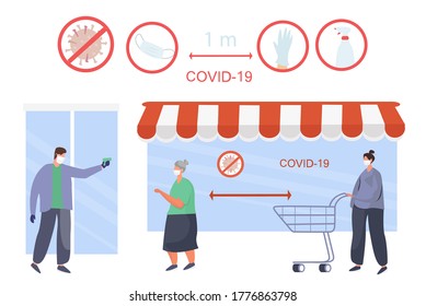 Temperature Measurement at the Entrance to Store.People with Shopping Cart in Medical Mask Keeping Social Distancing two Metres and Coronavirus covid-19 Prevention in Shop.Flat Vector Illustration