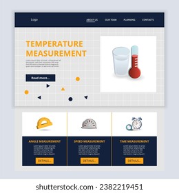 Temperature measurement flat landing page website template. Angle measurement, speed measurement, time measurement. Web banner with header, content and footer. Vector illustration.