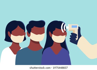 Temperature measurement illustration. African american ethnicity people waiting in row while they body temperature is measured due to safety ad quarantine reasons. Flat design graphic. Vector.