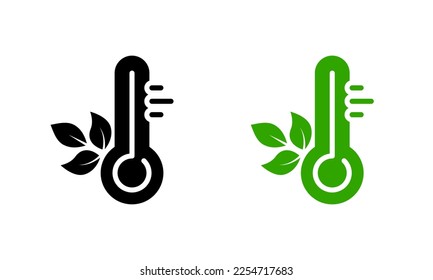 Pictograma de cuidado ecológico con instrumento de medición de la temperatura. Herramienta Termómetro en Celsius o Fahrenheit con conjunto de iconos de silueta verde hoja. Signo del grado de control del clima de Bio. Ilustración de vectores aislados.