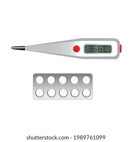 Temperature measuring device thermometer and tablet packaging. Vector illustration on isolated white background