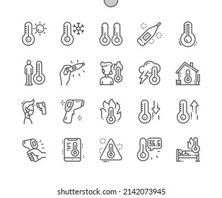 Temperature. Medicine thermometer. Sick man. Weather, hot and cold climate. Pixel Perfect Vector Thin Line Icons. Simple Minimal Pictogram