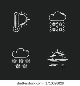 Temperature and precipitation forecast chalk white icons set on black background. Seasonal weather prediction. Summer heat, snow, winter sleet and haze. Isolated vector chalkboard illustrations