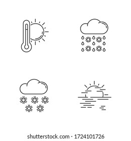Temperature and precipitation forecast pixel perfect linear icons set. Seasonal weather prediction customizable thin line contour symbols. Isolated vector outline illustrations. Editable stroke