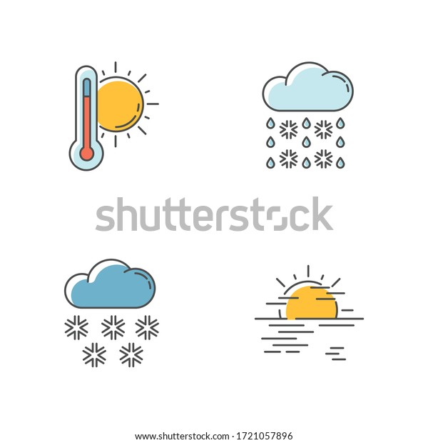 Temperature and precipitation\
forecast RGB color icons set. Seasonal weather prediction. Summer\
heat, snow, winter sleet and haze. Isolated vector\
illustrations