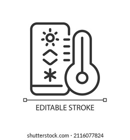 Icono lineal perfecto del píxel de regulación de temperatura. Termostato para el control del clima. Internet de las cosas. Ilustración de línea delgada. Símbolo de contorno. Dibujo del contorno del vector. Trazo editable. Tipo de letra arial utilizado