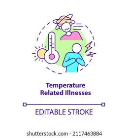 Icono de concepto de enfermedades relacionadas con la temperatura. El cambio climático y la idea abstracta de salud ilustran en líneas delgadas. Dibujo de contorno aislado. Trazo editable. Fuentes Roboto-Medium, Myriad Pro-Bold utilizadas