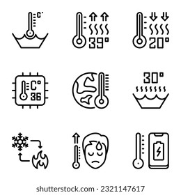 temperature related line icons set. increase, sickness, warming, efficiency, ill, planet, change, global, disease, eco, outline, concepts, earth, control, drop, fire, graphic, cool, heat, weather