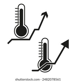 Temperature rise icon. Thermometer and arrow. Climate change vector. Black white d