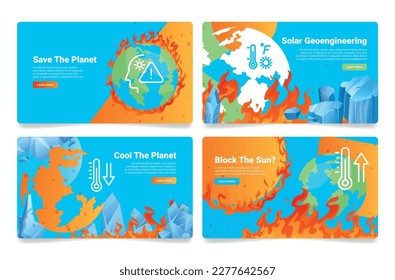 Temperature rises and falls solar geoengineering save planet landing page set vector illustration. Ecology environment safe internet banner greenhouse cooling effect atmosphere climate global warming