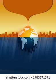 Temperature rising and air pollution from industry.Climate change and Global warming concept.Melting earth.Vector illustration.