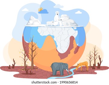 Temperature rising and animal extinction concept. Melting glaciers and drainage of soils due to global warming. Animals around planet Earth are suffering from global warming and climate change