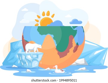 Temperature rising and animal extinction concept. Melting glaciers, global warming and climate change. Polar bear and polar gull suffer from melting glaciers. Rising water levels due to climate change
