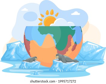 Temperature rising and animal extinction concept. Melting glaciers, global warming and climate change. Walruses lie on glaciers melting due to heat. Polar animals during global warming on planet