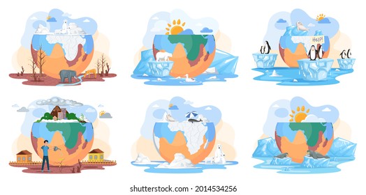 Temperature rising and animal extinction concept. Set of illustrations about melting glaciers, global warming and climate change on planet. Polar animals and people during environmental problem