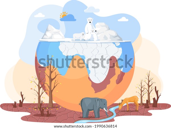 Temperature rising and animal extinction concept.\
Melting glaciers and drainage of soils due to global warming.\
Animals around planet Earth are suffering from global warming and\
climate change