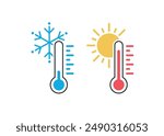 Temperature scale icon symbol. Weather sign. Thermometer with sun and snowflake icon. Hot and cold air temperature symbol in line and flat style for apps and websites, vector illustration