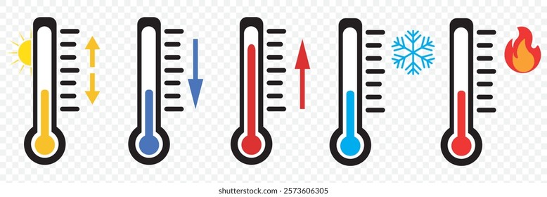 Temperature scale icon symbol. Weather sign. Thermometer with sun and snowflake icon. Hot and cold air temperature symbol in line and flat style for apps and websites, vector illustration. eps 10.