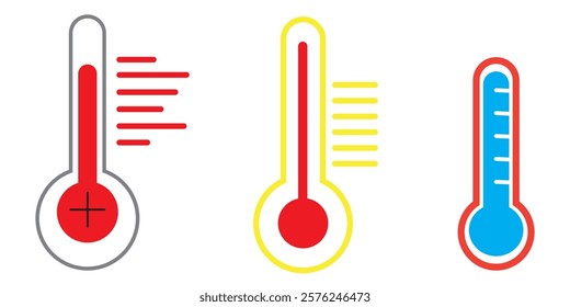 Temperature scale icon symbol. Weather sign. Thermometer with sun and snowflake icon. Hot and cold air temperature symbol in line and flat colorful style for apps and websites, vector illustration. 