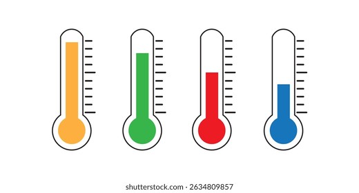 Símbolo do ícone da escala de temperatura. Sinal de tempo. Termômetro com ícone de sol e floco de neve. Símbolo de temperatura de ar quente e frio em linha e estilo plano para aplicativos e sites, ilustração vetorial