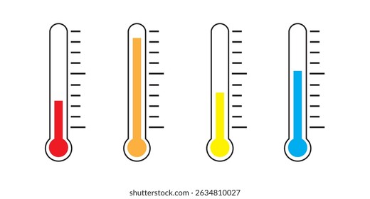 Símbolo do ícone da escala de temperatura. Sinal de tempo. Termômetro com ícone de sol e floco de neve. Símbolo de temperatura de ar quente e frio em linha e estilo plano para aplicativos e sites, ilustração vetorial