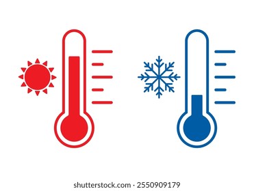 Conjunto de símbolos de escala de temperatura - Sinal de tempo quente e frio. Escala de termômetro vermelho e azul com sol e ícone de floco de neve estilo plano isolado em um fundo branco, ilustração Vetor EPS 10. 