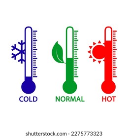 Temperature scale symbols cold, normal, hot, blue, green and red. Set Temperature flat vector icon symbol. Temperature scale symbol.