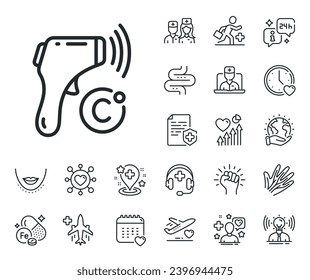Temperature scanner sign. Online doctor, patient and medicine outline icons. Electronic thermometer line icon. Fever measuring symbol. Electronic thermometer line sign. Vector