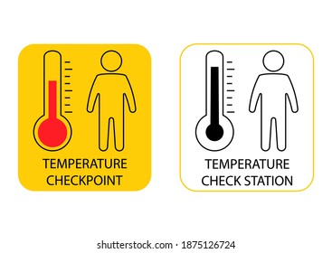 Temperaturabtastung. Überprüfen Sie die Körpertemperatur, das Symbol für dünne Linien. Prüfpunkt oder Station zur Fiebermessung. Vektorgrafik einzeln auf weißem Hintergrund