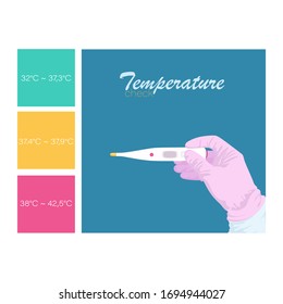 Temperature screening, check. Covid-19. Digital contactless thermometer.  White high temperature thermometer. Coronavirus disease detection through body temperature concept. Vector illustration.