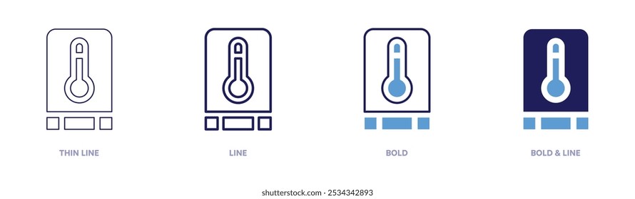 Icono del sensor de temperatura en 4 estilos diferentes. Línea delgada, línea, negrita y línea negrita. Estilo duotono. Trazo editable.