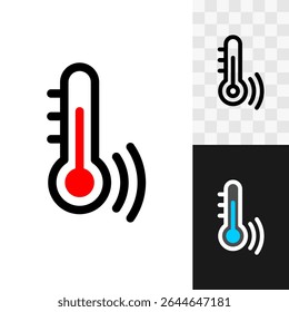Ícone da linha do sensor de temperatura com escala de indicador e ondas de detecção. Dispositivo de determinação da temperatura a quente e a frio