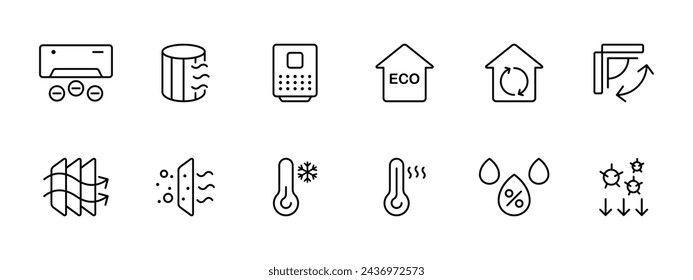 Temperature set icon. Air conditioning, humidifier, eco house, temperature control, air filtration, heated floors, controlled percentage of air humidity. Smart home concept. Vector line icon.