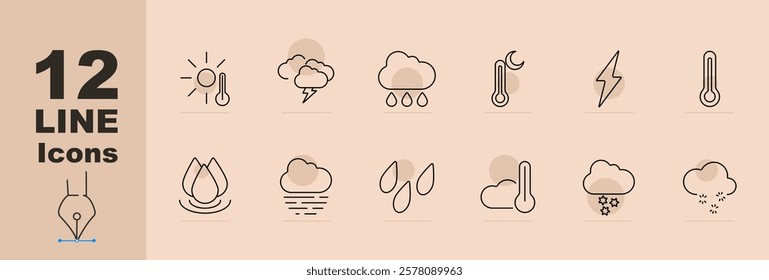 Temperature set icon. Sun icon, rain cloud, thermometer, moon, thunderbolt, foggy cloud, snow cloud, heatwave, weather app, humidity droplet. Represents climate and atmospheric monitoring