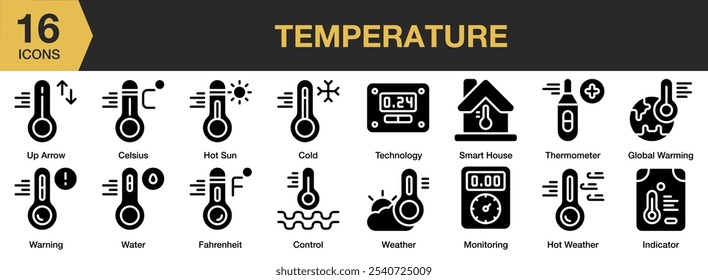 Temperature solid icon set. Includes celsius, cold, control, fahrenheit, global warming, hot sun, and More. Solid icons vector collection.