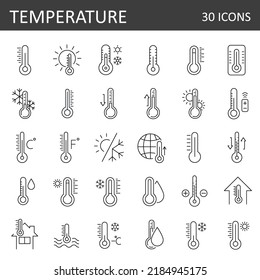 Temperature Symbol Set of 30 outline icons. Temperature Scale Symbol. Warm cold Symbol. vector thermometer showing the temperature