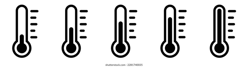 Temperature symbol set. Five thermometer icons set. Warm and cold scale element collection.