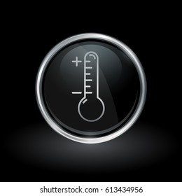 Temperature test instrument symbol with thermometer icon inside round chrome silver and black button emblem on black background. Vector illustration.