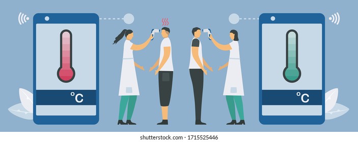 Temperature testing by non-contact thermometer and smartphone. Checking new coronavirus in people with new technology. Vector illustration designs about protection COVID-19. 