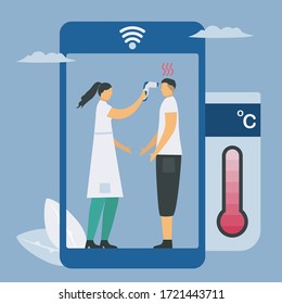 Temperature testing by non-contact thermometer and smartphone. Checking new coronavirus in people with new technology. Vector illustration designs about protection COVID-19. 