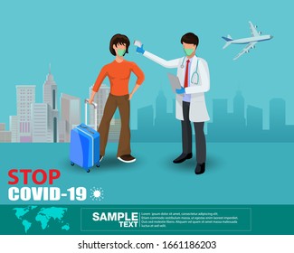 Temperature thermometer covid-19 checkpoint,people in the line to scan coronavirus by officer at the checkpoint, stop virus outbreak concept,Before entering public area,Health vector illustration.