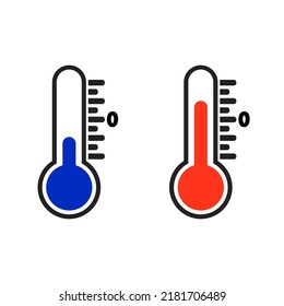 el icono de temperatura y termómetro. Termómetro que mide la temperatura del aire con un matraz azul y rojo. Ilustración del vector aislada en fondo blanco