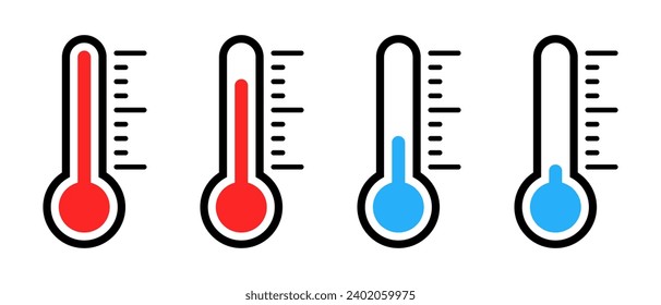 Temperatura, conjunto de iconos del termómetro. Vector de símbolo de calor y frío en estilo plano