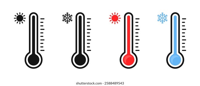 Temperature thermometer icon set. Temperature thermometer scale illustration. Temperature vector icons set . Thermometer icons. Temperature Scale Symbols