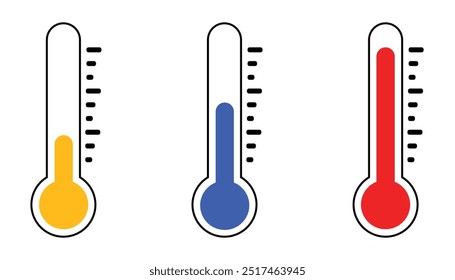 ícone termômetro de temperatura. termômetro com escala vermelha azul amarela, controle do clima, mudança climática, ícone bicolor vetor plano, ícone do clima