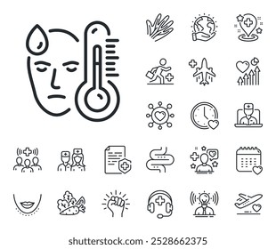 Sinal do termômetro de temperatura. Ícones de descrição médica, paciente e medicina on-line. Homem doente com ícone de linha de febre. Símbolo de doença gripal. Sinal de linha de febre. Ícone de veias, nervos e procedimento cosmético. Vetor