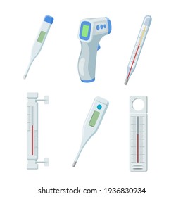 Temperature thermometers set. Medical digital, non-contact infrared, indoor, outdoor wall thermometers. Flat vector illustration. Temperature measurement equipment concept