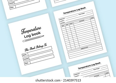 Temperature tracker journal interior. Patient body heat tracker and medication planner template. Interior of a logbook. Medical essential fever temperature checker notebook interior.