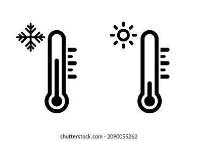 Temperature vector icon set. Thermometer equipment showing hot or cold weather. Celsius and fahrenheit meteorology thermometers measuring heat and cold. Vector.